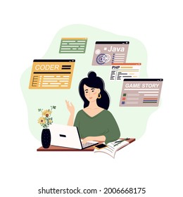 Programmer write software and create code. Concept of script coding and programming in php, python
