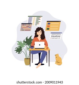 Programmer write software and create code. Concept of script coding and programming in php, python