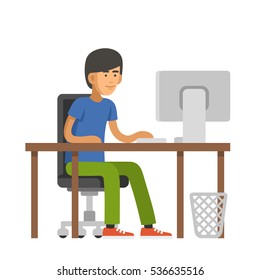 Programmer Writes Code for a Computer. Young Man Sitting at Desk. Vector