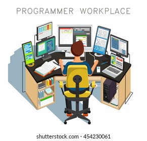 The Programmer Writes Code. Vector Illustration