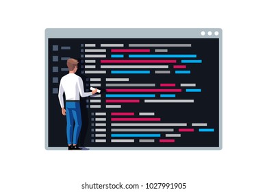 Programmer writing a code. Young programmer coding a new project near console on symbol of command line. Vector illustration