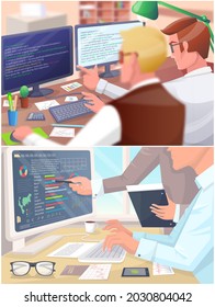 Programmers and analyst at table with computer pointing to display with charts and program code. Businessman working at workplace, analyzes financial statistics. Man compiles report with indicators