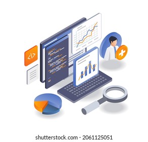 Los programadores analizan datos de seguidores en ilustraciones isométricas