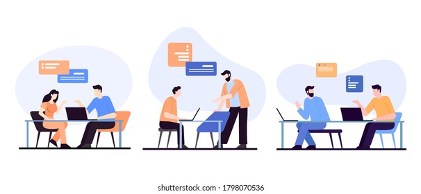 Programmers behind new project illustration. Group of it specialists working on creation of company website professional coding and modern software information training vector design.