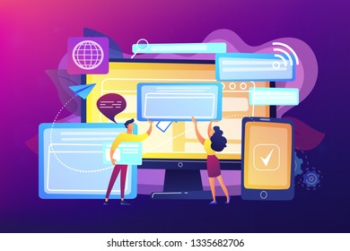 Programmers with browser windows and pc, tablet. Cross-browser compatibility, cross-browser and browser compatible concept on ultraviolet background. Bright vibrant violet vector isolated illustration