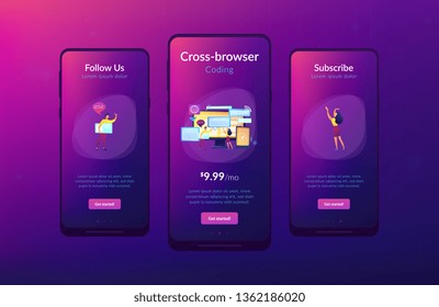 Programmers with browser windows and pc and tablet. Cross-browser compatibility, cross-browser and browser compatible concept on white background. Mobile UI UX GUI template, app interface wireframe