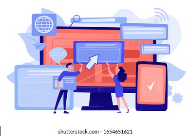 Programmers with browser windows and pc and tablet. Cross-browser compatibility, cross-browser and browser compatible concept on white background. Pinkish coral bluevector isolated illustration