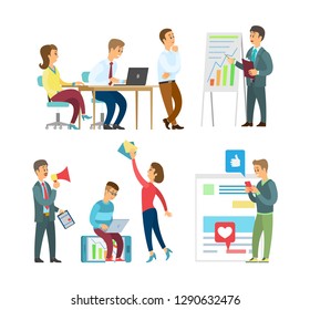 IT programmers and business office workers teams vector. Boss and employees discussing financial graphic, online mobile app development, modern technology