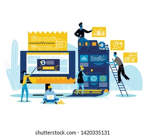 Programmers Characters Working Together Coding, Creating New Website, Software or Application for Mobile, Creative Team, Teamworking Web Development Business Concept. Cartoon Flat Vector Illustration