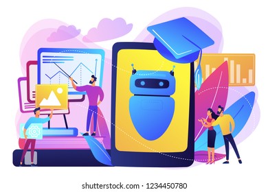 Programmers with charts make chatbot learn data from past results. Chatbot self learning, virtual assistants learning, AI machine learning concept. Bright vibrant violet vector isolated illustration