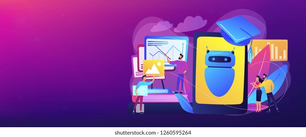 Programmers with charts make chatbot learn data from past results. Chatbot self learning, virtual assistants learning, AI machine learning concept. Header or footer banner template with copy space.