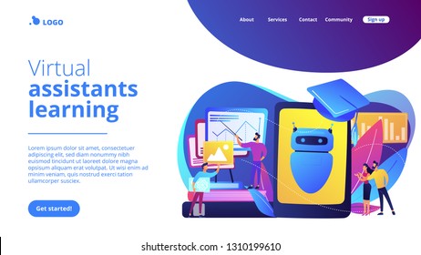 Programmers with charts make chatbot learn data from past results. Chatbot self learning, virtual assistants learning, AI machine learning concept. Website vibrant violet landing web page template.