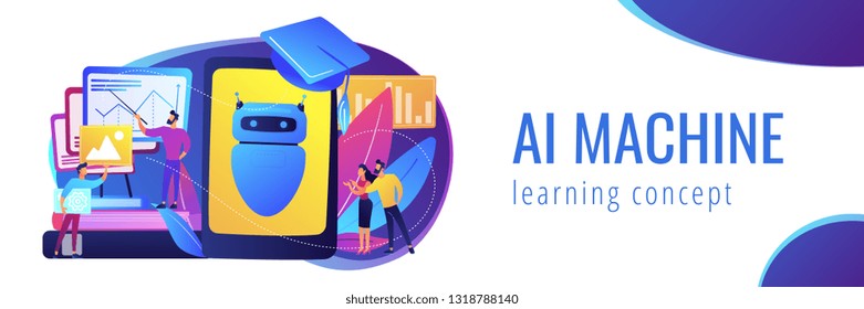 Programmers with charts make chatbot learn data from past results. Chatbot self learning, virtual assistants learning, AI machine learning concept. Header or footer banner template with copy space.