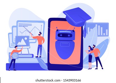 Programmers with charts make chatbot learn data from past results. Chatbot self learning, virtual assistants learning, AI machine learning concept. Pinkish coral bluevector isolated illustration