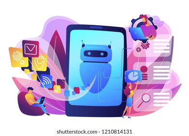 Programmers and chatbot processing natural language. Natural language processing, chatbot natural language, natural language scince concept. Bright vibrant violet vector isolated illustration