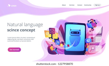 Programmers and chatbot processing natural language. Natural language processing, chatbot natural language, natural language scince concept. Website vibrant violet landing web page template.