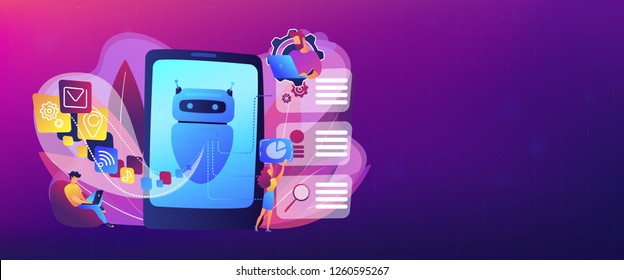 Programmers and chatbot processing natural language. Natural language processing, chatbot natural language, natural language scince concept. Header or footer banner template with copy space.