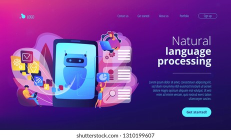 Programmers and chatbot processing natural language. Natural language processing, chatbot natural language, natural language scince concept. Website vibrant violet landing web page template.