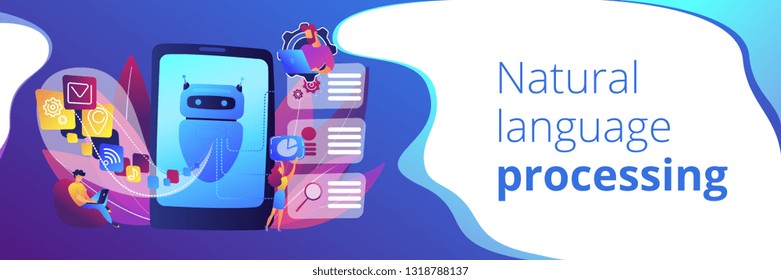 Programmers and chatbot processing natural language. Natural language processing, chatbot natural language, natural language scince concept. Header or footer banner template with copy space.