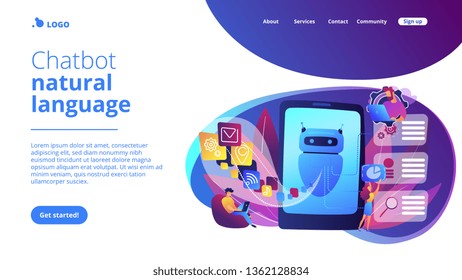 Programmers and chatbot processing natural language. Natural language processing, chatbot natural language, natural language scince concept. Website vibrant violet landing web page template.