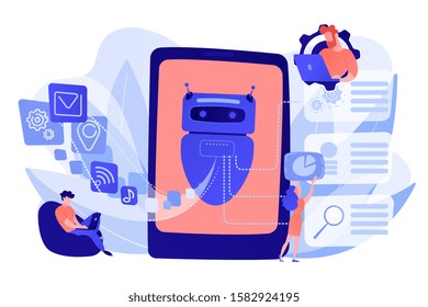 Programmers and chatbot processing natural language. Natural language processing, chatbot natural language, natural language scince concept. Pinkish coral bluevector isolated illustration