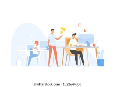 Programmers or coders working together. Front-end and back-end software development and testing, programming or program coding. Conversation between colleagues at work. Flat vector illustration.
