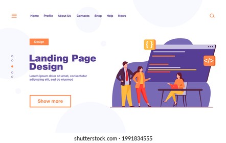 Programmers coding new program. Laptop, code, development flat vector illustration. Programming and digital technology concept for banner, website design or landing web page