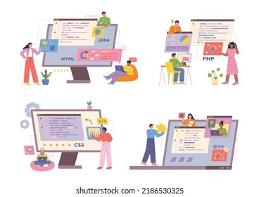 Programmers are coding programs around huge computers and digital pages. flat design style vector illustration.