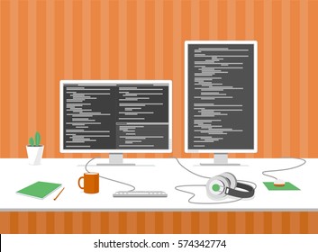Programmer's, computer engineer's workplace. Table with monitors, keyboard, headphones, mouse, cactus, pictures on the wall, mug and notebook. White and orange. Coding, programming. Vector clip-art.