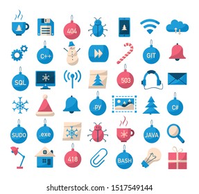 IT programmers and computer items and icons,  Christmas theme, vector illustration