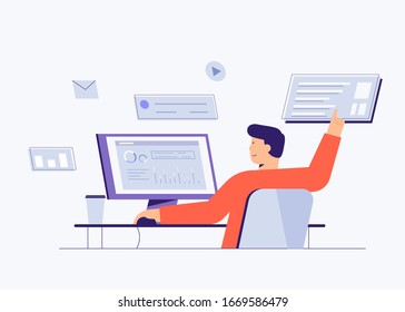 Programmers concept with flat design. Concept with programmer or coder sitting at desk and working on computer. Designer developing design and programming of program or application flat style concept.