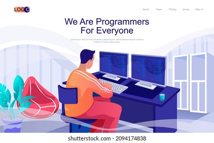 Programmers concept isometric landing page. Developer works on computers, coding code and creates software, 3d web banner with people scene. Vector illustration in flat design for website template