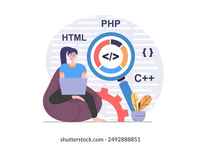 Programmers concept in modern flat design for web. Woman developer working with program code and making research at laptop, improving new products and finding best solutions. Vector illustration.