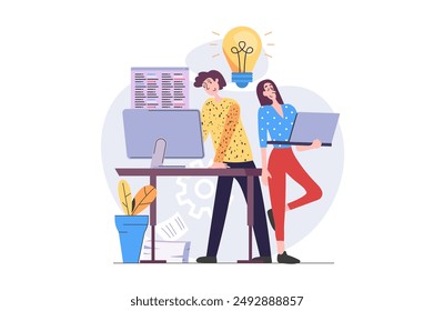 Programmers concept in modern flat design for web. Developers team working with code at laptop and computer, brainstorming and creating programs and software, improving products. Vector illustration.