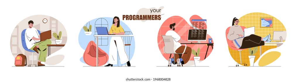 Programmers concept scenes set. Developers coding, create software or applications, testing products, work on project. Collection of people activities. Vector illustration of characters in flat design