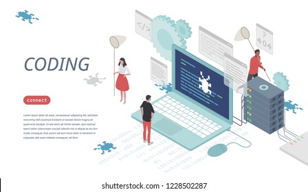 Programmers concept templates that code in isometric view space. flat design style vector graphic illustration.