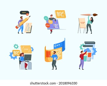 Programadores. Jóvenes programadores independientes de coworking diseñadores portátiles que trabajan tecnología de espacio abierto garish vectores de caracteres planos
