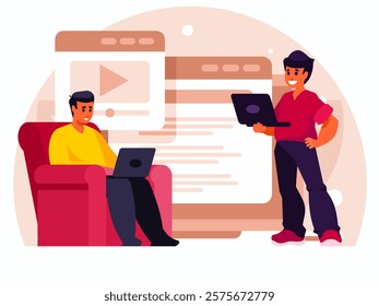 Programmers create a video platform. A programmer sitting in a chair and working at a laptop. Freelancer working from home. Programmer standing with laptop. Man holding a laptop. Search video concept