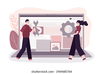 Programmers create website on laptop. UX or UI designers build and setting web page on monitor. Web coding and construction process. App development and customization concept. Vector illustration