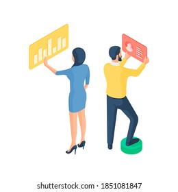 Programmers customize website performance, isometric vector illustration. Female and male characters optimize online application traffic and create account interface. Marketing teamwork with apps.