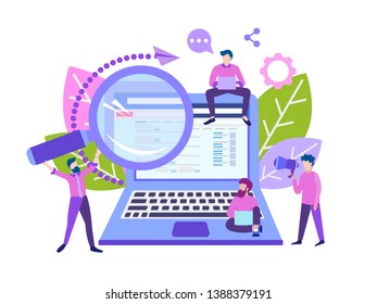 Programmers and designers set up site search engines, optimize the site, business team work online with the help of modern technology concept. Vector illustration.