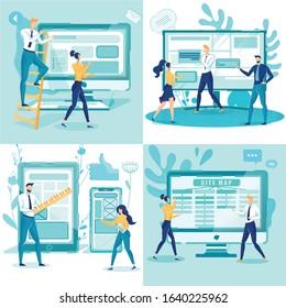 Programmers Designing Website Flat Cartoon Vector Illustration. Man on Ladder Moving Blocks, Adjusting Size. Responsive Web Design, Correct Site Display on Devices. Site Map or Scheme.