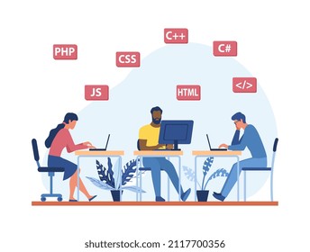 Programmers develop applications. Man and girl sit at computers and write code. IT specialists, freelancers or coworkers. Employees working on common project. Cartoon flat vector illustration