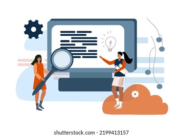 Les programmeurs développent une base de données.Système de gestion de contenu.Concept de cours de développement Web.Illustration vectorielle graphique à plat isolée sur fond blanc.