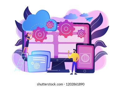 Programmers develop program for platforms. Cross-platform programming, cross-platform development and structure concept on white background. Bright vibrant violet vector isolated illustration