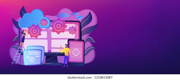 Programmers develop program for platforms. Cross-platform programming, cross-platform development and structure concept on white background. Header or footer banner template with copy space.