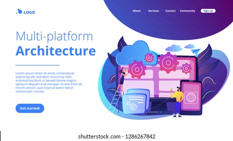 Programmers develop program for platforms. Cross-platform programming, cross-platform development and structure concept on white background. Website vibrant violet landing web page template.