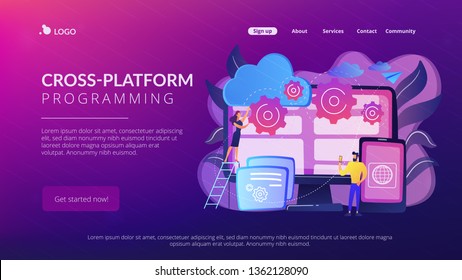 Programmers develop program for platforms. Cross-platform programming, cross-platform development and structure concept on white background. Website vibrant violet landing web page template.