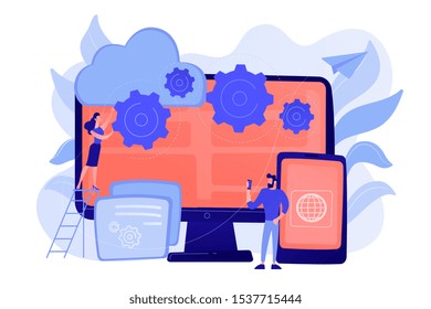 Programmers develop program for platforms. Cross-platform programming, cross-platform development and structure concept on white background. Pinkish coral bluevector isolated illustration