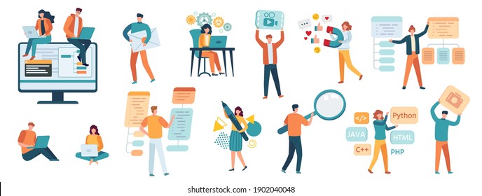 Programmers, developers and designers. IT specialists, freelancer, gamer, smm manager and web developer. People work on computer vector set. Programmer and designer developer illustration